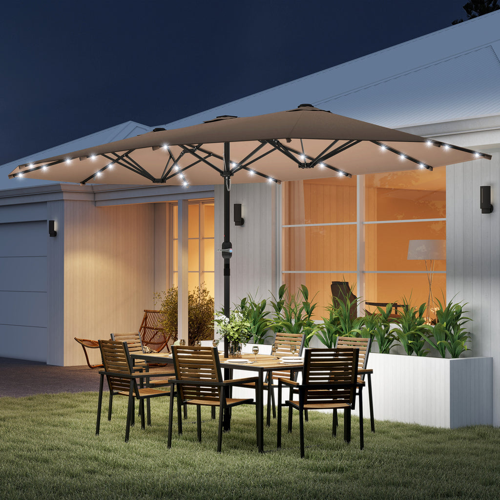  Garden Parasol 4.4m Double-Sided Sun Umbrella Patio Parasol LED Solar Lights Khaki