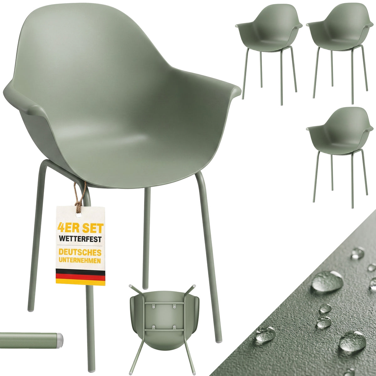 Gartenstuhl 4er-Set, mit Rückenlehne/Armlehnen, wetterfest, bis 120 kg, Kunststoff/Metall, Grün