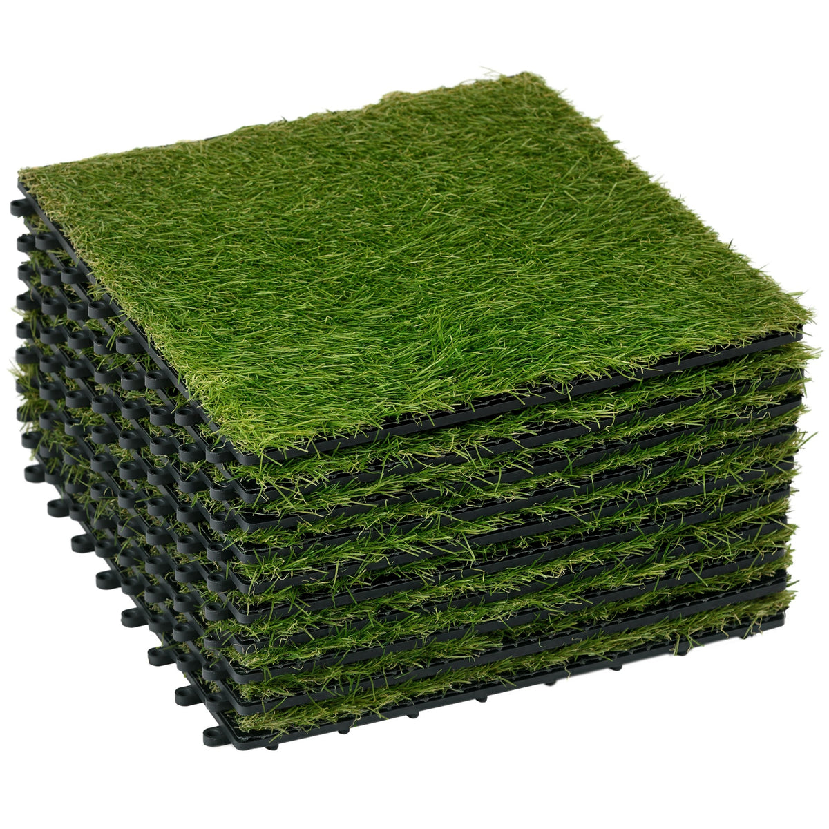 10-Piece Artificial Grass Set, Weatherproof Turf Tiles, 25mm Pile Height, Outdoor Carpet for Garden, Balcony & Patio, 30 x 30cm, Dark Green