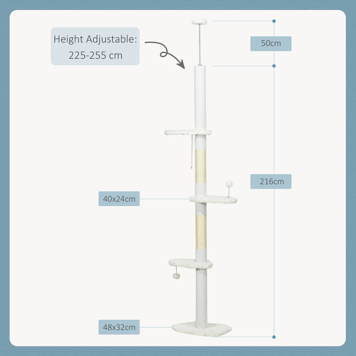 Deckenhoher Kratzbaum, variable Höhe 2,25-2,55 m, Sitzplattformen, Kippschutz, Spielbälle, weiß