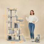 170 cm Large Cat Tree, Cat Tower with 7 Scratching Posts, Tunnel, 2 Condos, Hammock, Perch, Ramp, Pompoms, Light Grey