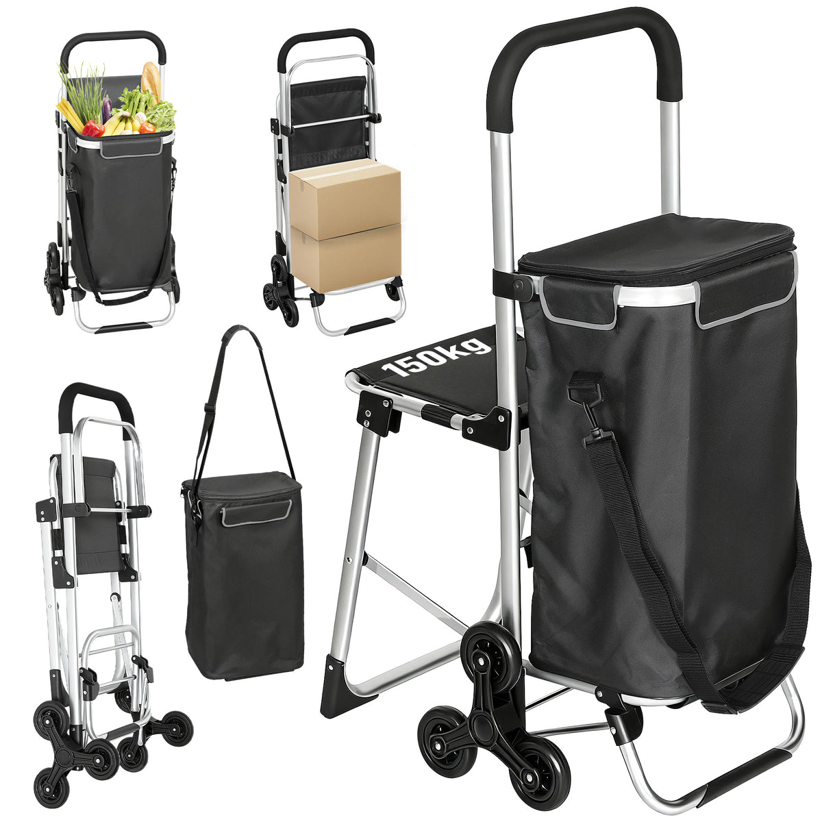 3-in-1 Einkaufstrolley Klappbar mit Sitz 40L Kapazität Duneklgrau