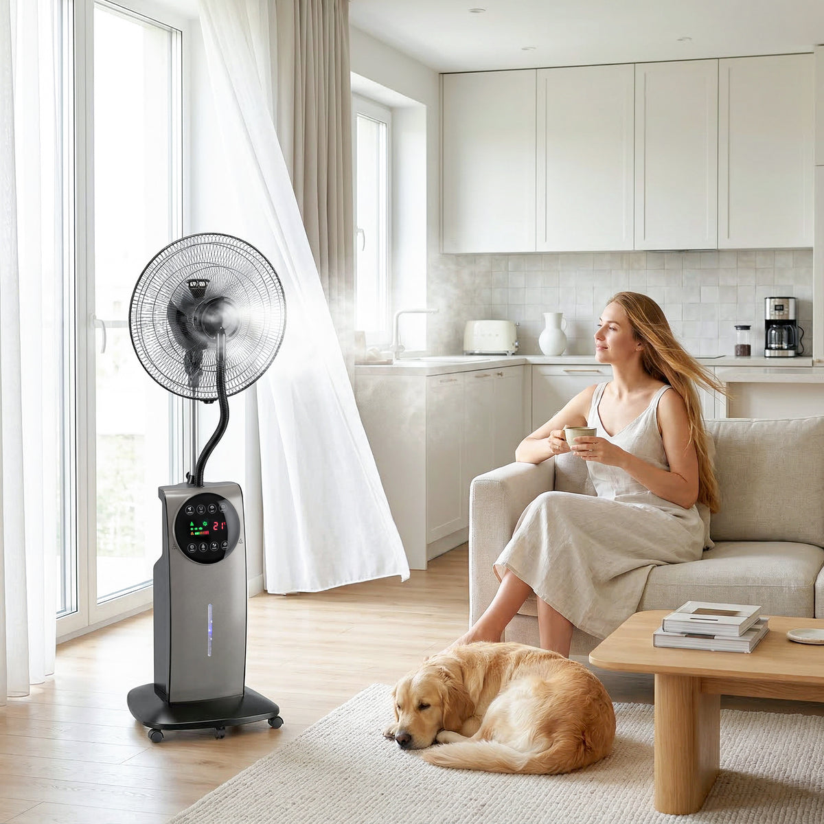 Sprühnebelventilator mit Fernbedienung, Standventilator mit Wassernebel, 70° Oszillation, 3 Geschwindigkeiten, 3 Modi, 3,1L Wassertank