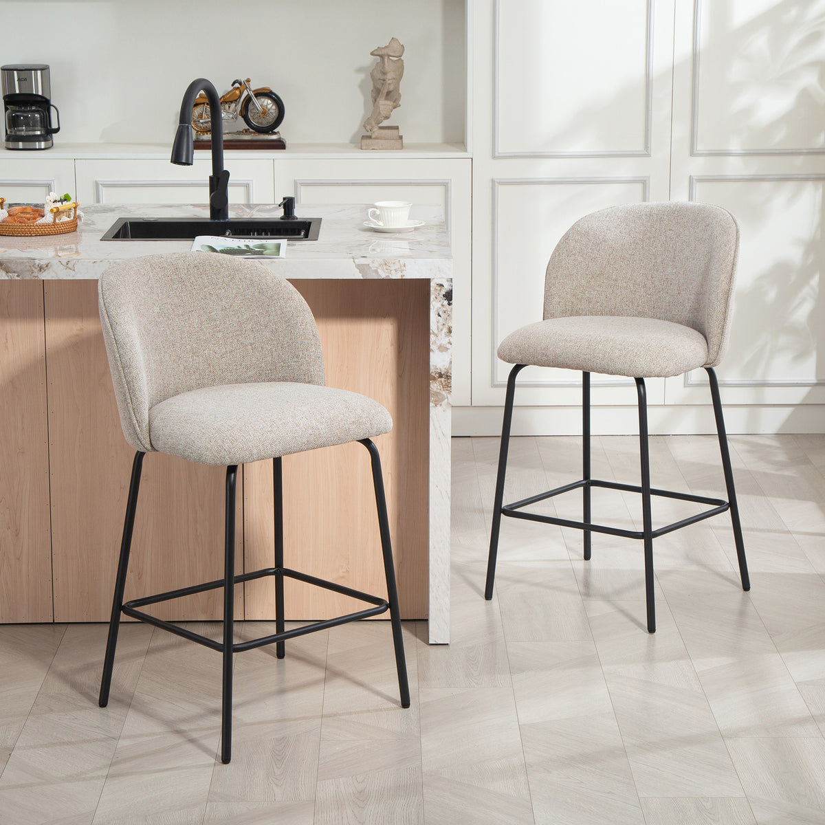 2er-Set Barhocker mit Rückenlehne und Fußstütze, Polsterstühle mit Stahlbeinen für Kücheninsel, Esszimmer, Hellgrau