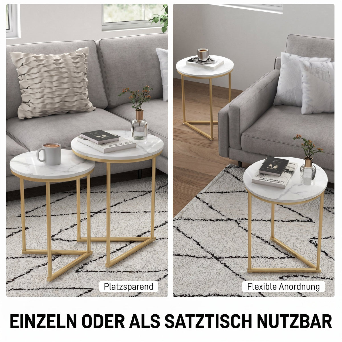 Set of Two Marble-Effect Nest of Tables - White/Gold-Tone