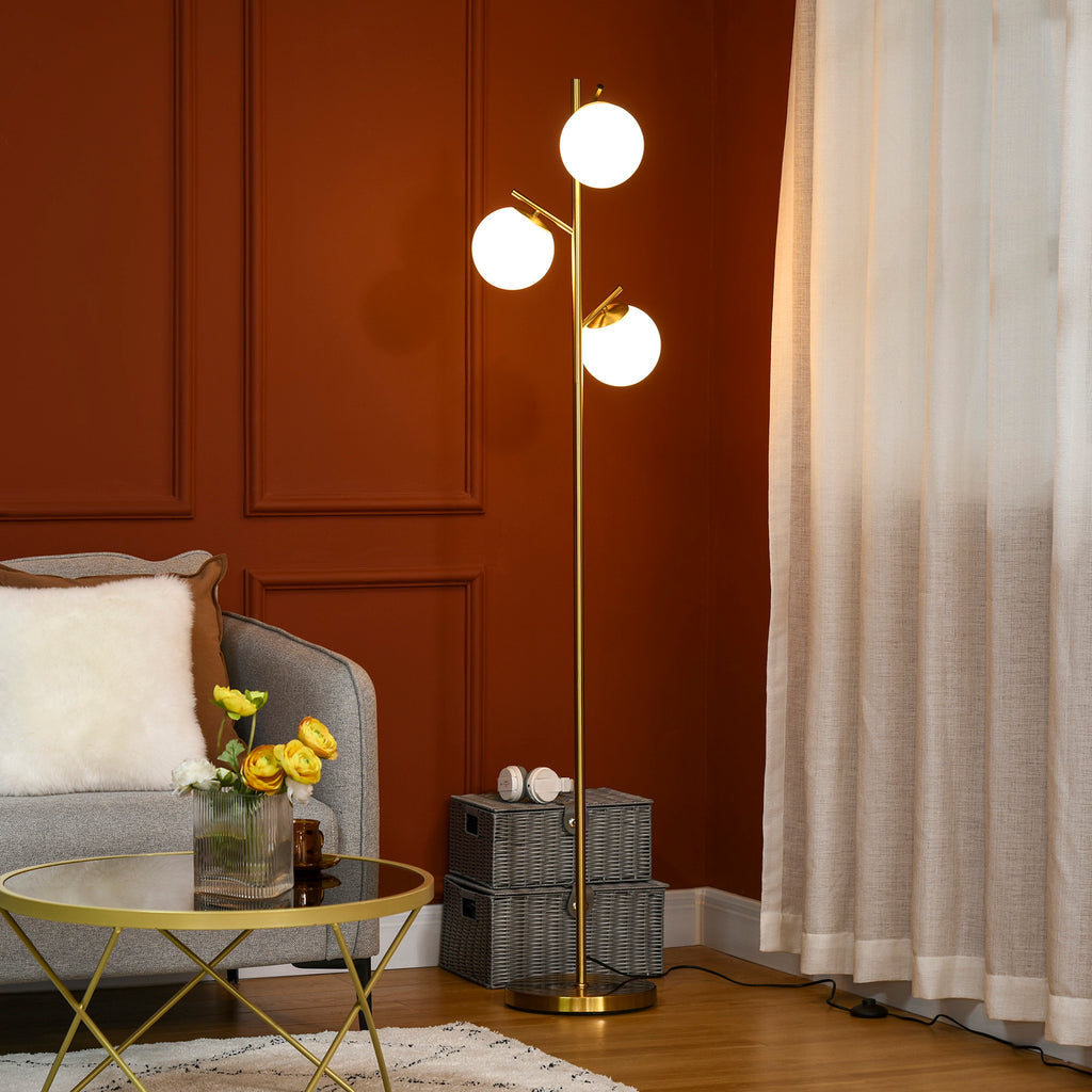 Stehleuchte im Retro-Design, Stehlampe, Stehlampe mit 3 Lampenschirmen, Glas, Gold
