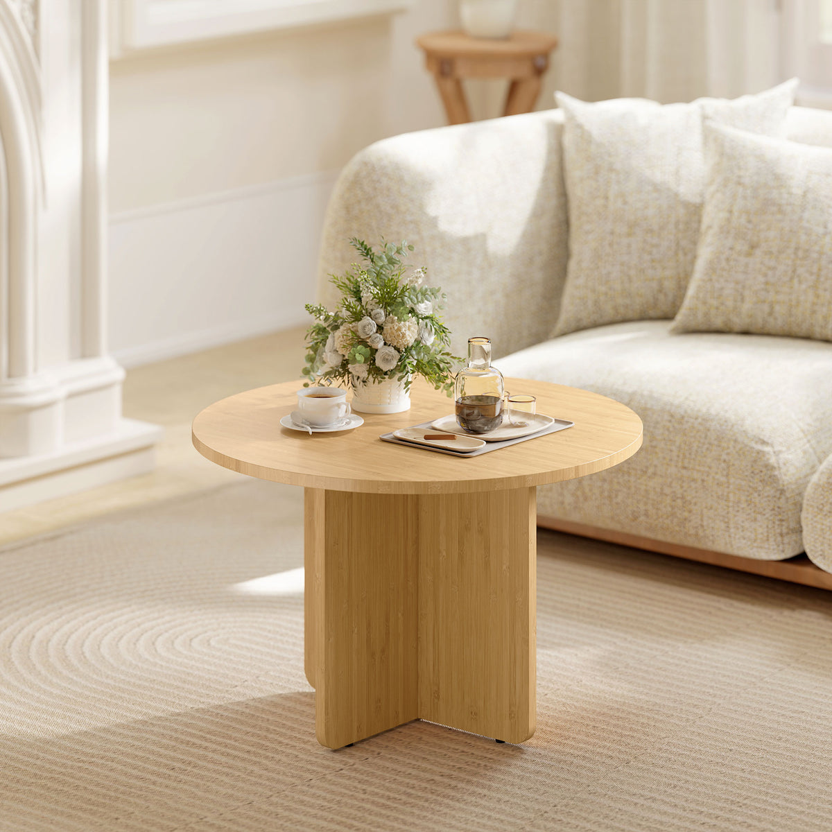 Runder Couchtisch, Bambus-Wohnzimmertisch mit Kreuzfu?, Natur
