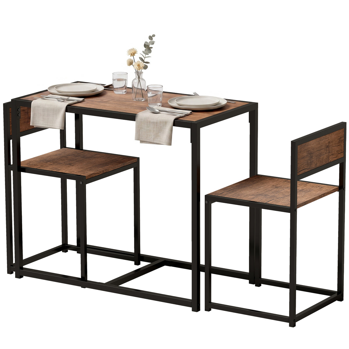 Dining Table and Chairs Set 2, Dining Room Sets, Rectangular Space Saving Table and 2 Chairs for Compact Kitchens, Steel Frame, Natural