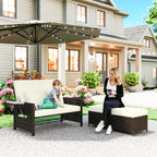 Gartensofa mit Liegefunktion, ausfahrbare Fußbank mit Stauraum, Sitzkissen, braun+creme, 130 x 72 x 96 cm