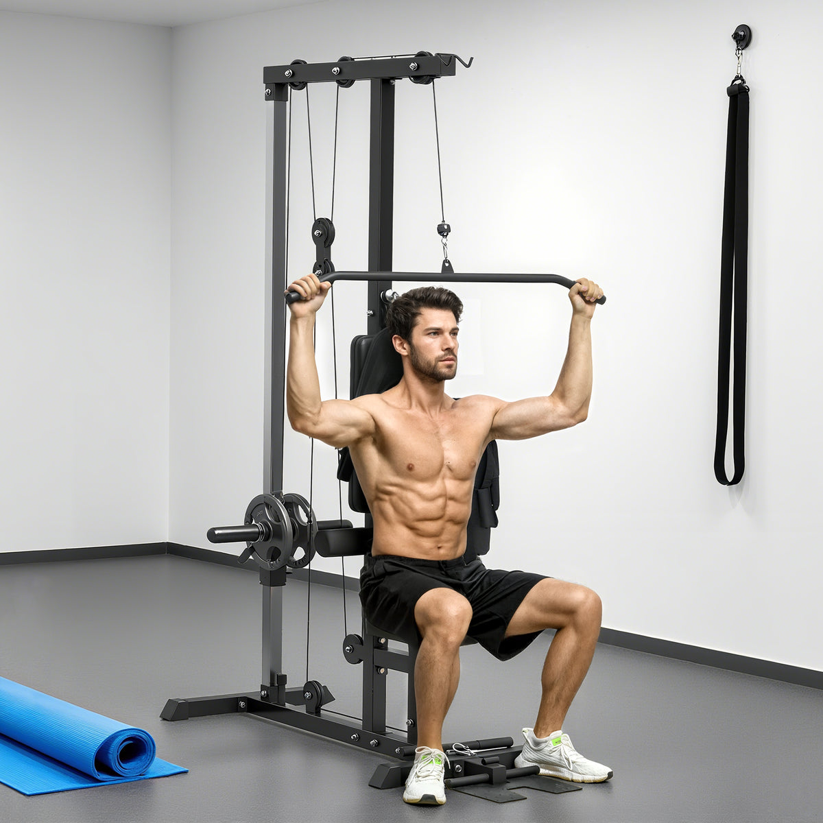 Pull Up Station, Power Cage with Adjustable Seat, for Home Gym - Black