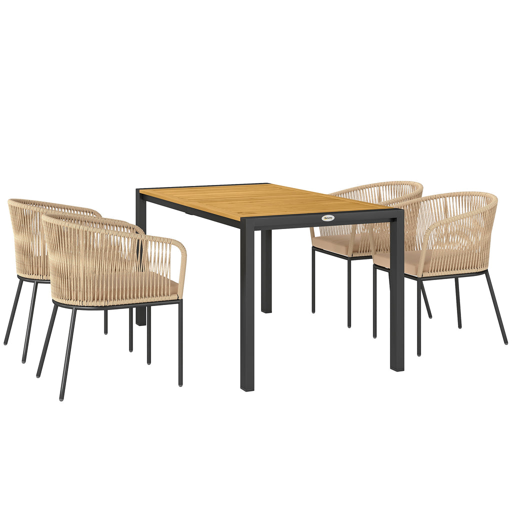 5-teiliges Gartenmöbel-Set, 4 Stühle, 1 Tisch, Kunst-Rattan, Stahlgestell, waschbare Kissen, für Terrasse, Khaki