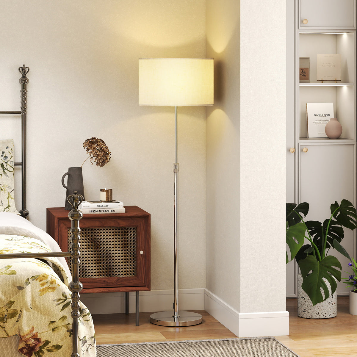 Stehlampe Dimmbar mit Leinenschirm E27 Höhenverstellbar Beige