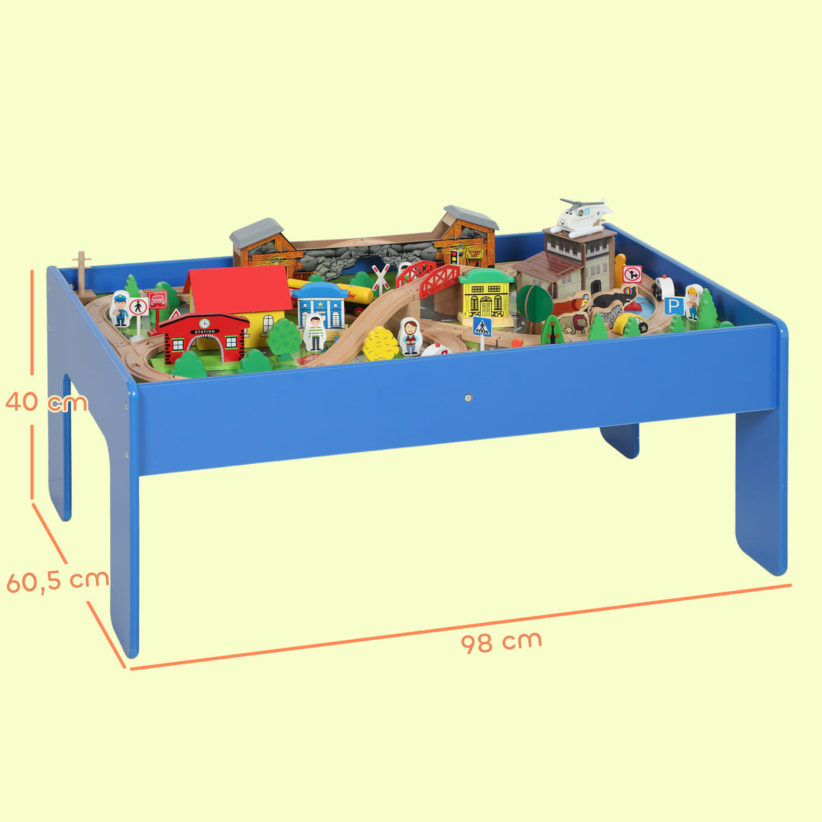 Spieltisch, 108-teiliges Eisenbahn-Set aus Holz, mit abnehmbarer Tischplatte, Eisenbahntisch, 98x60,5x40 cm, Blau