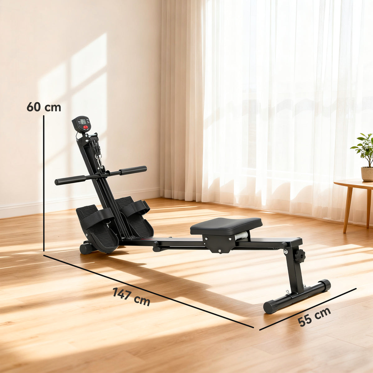 Rudermaschine, Ruderger?t f¨¹r Zuhause, LCD-Monitor, Sitzkissen, 150 kg Belastbarkeit, leiser Betrieb, Stahl, Schwarz