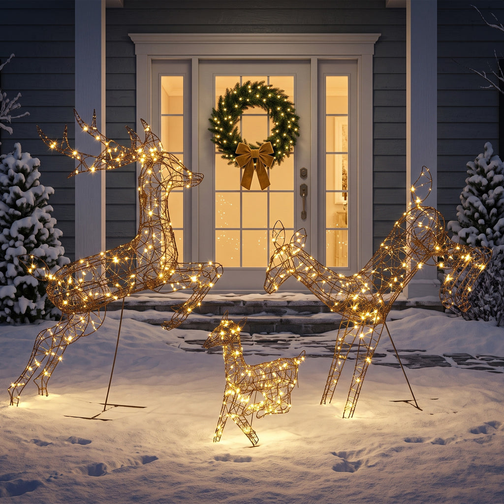 3-teiliges beleuchtetes Rentier-Set, Weihnachtsdeko für außen mit 200 warmweißen LEDs, 8 Modi, Tages-Timer