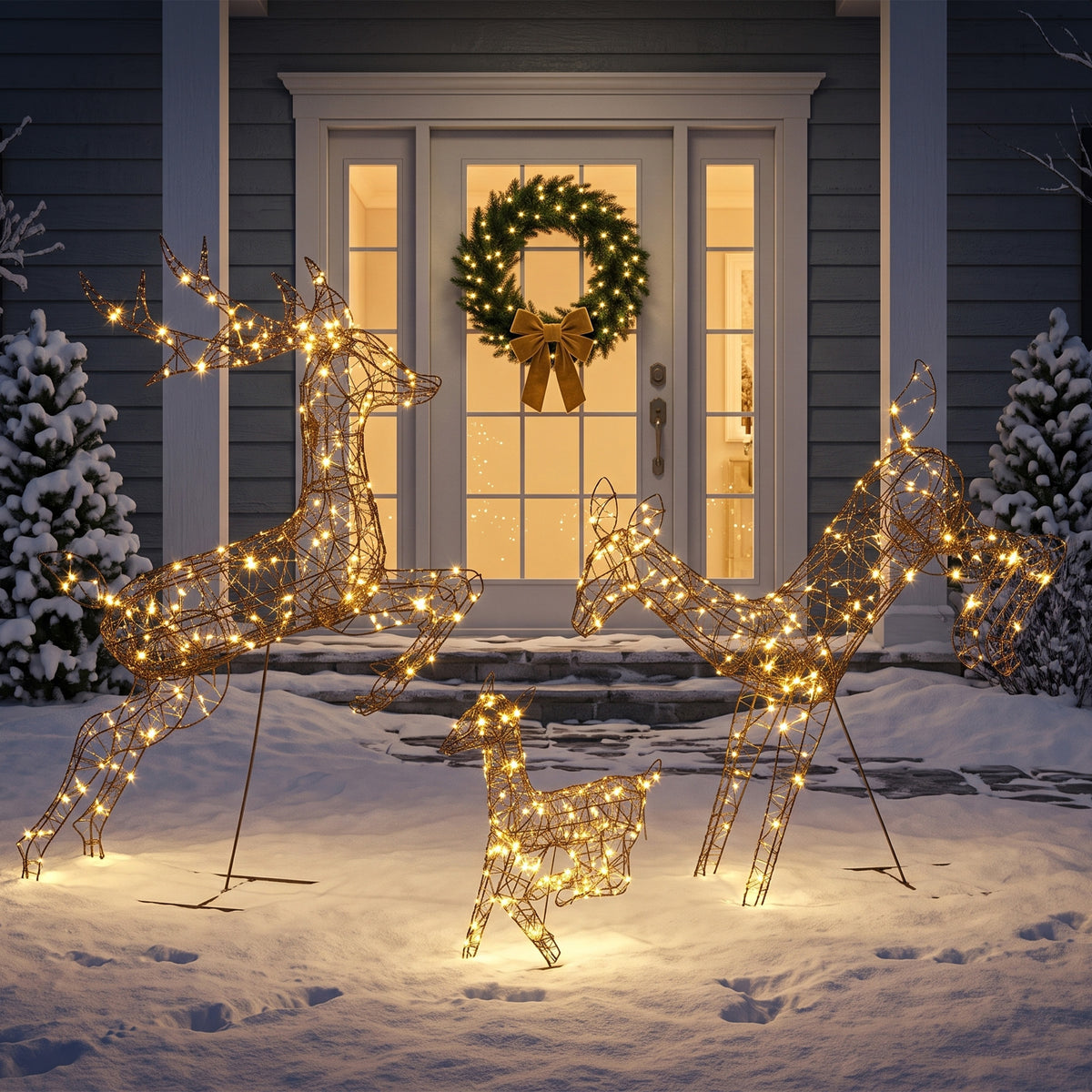 3-teiliges beleuchtetes Rentier-Set, Weihnachtsdeko für außen mit 200 warmweißen LEDs, 8 Modi, Tages-Timer