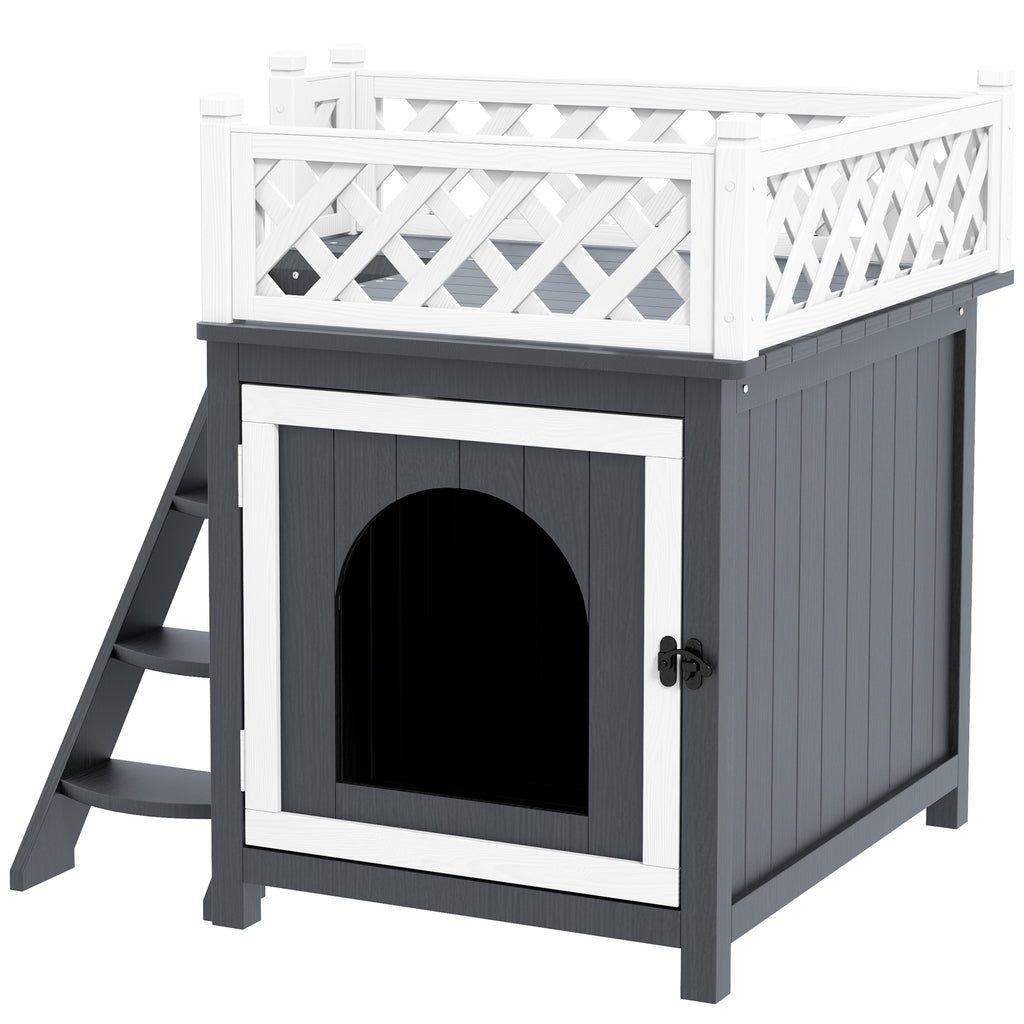 Katzenhaus, zweistöckig, mit Balkon und Treppe, für drinnen und draußen, für Katzen und Kaninchen, Tannenholz, Grau