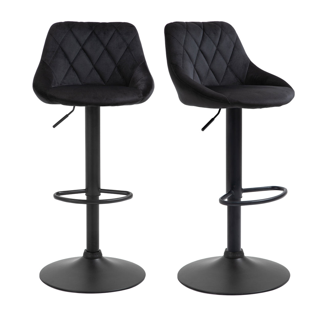 Barhocker 2er Set Höhenverstellbar Drehbar Barstühle mit Samtoptik Tresenhocker mit Rückenlehne mit Diamant-Tufting und Fußstütze für Bar, Theke, Esszimmer, Stahl Schwarz