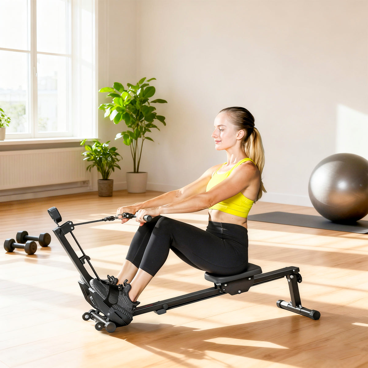 Rudermaschine, Ruderger?t f¨¹r Zuhause, LCD-Monitor, Sitzkissen, 150 kg Belastbarkeit, leiser Betrieb, Stahl, Schwarz