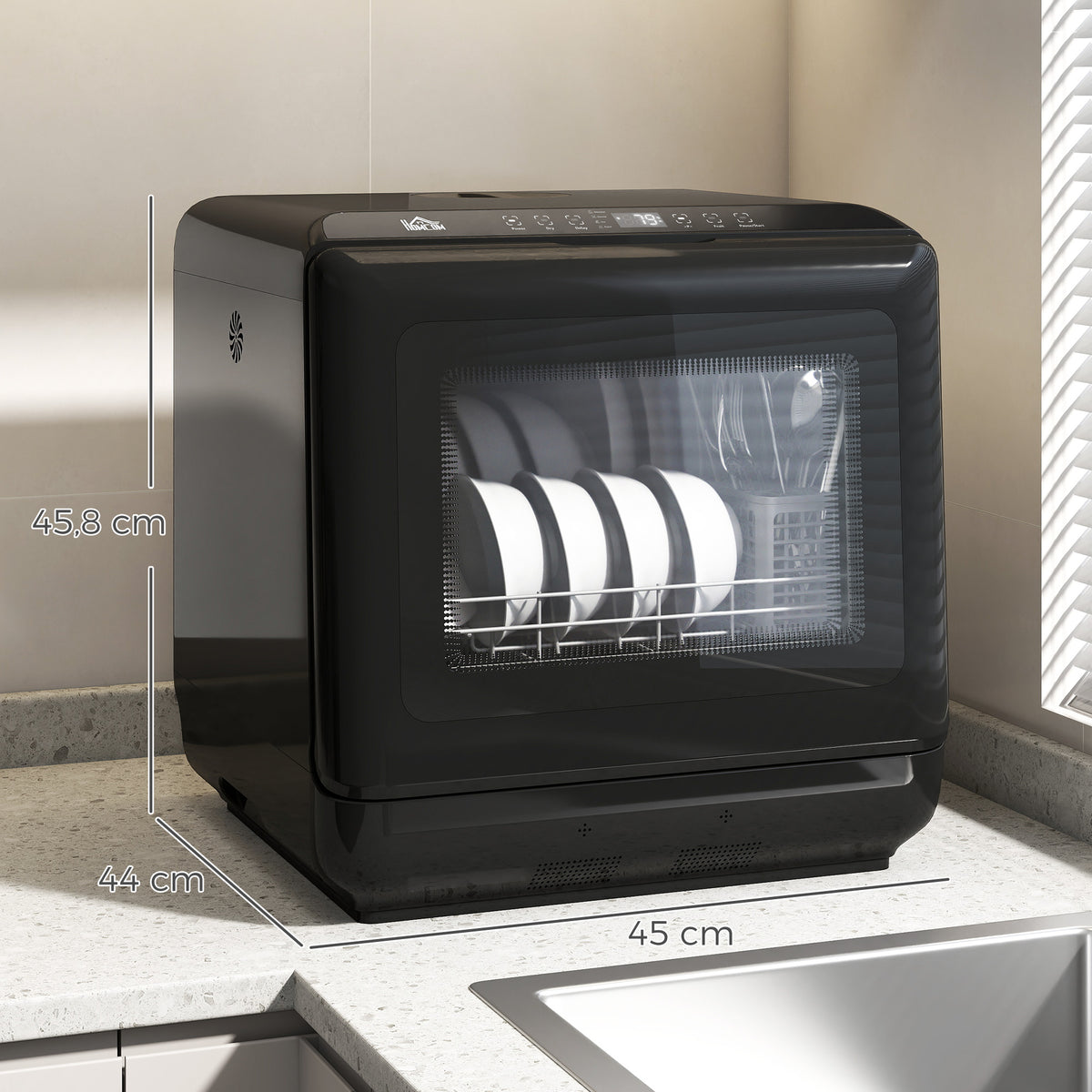 Tischgeschirrspüler, mit integriertem 6-Liter-Wassertank, 5 Programmen, 4 Gedecke, LED-Display Schwarz