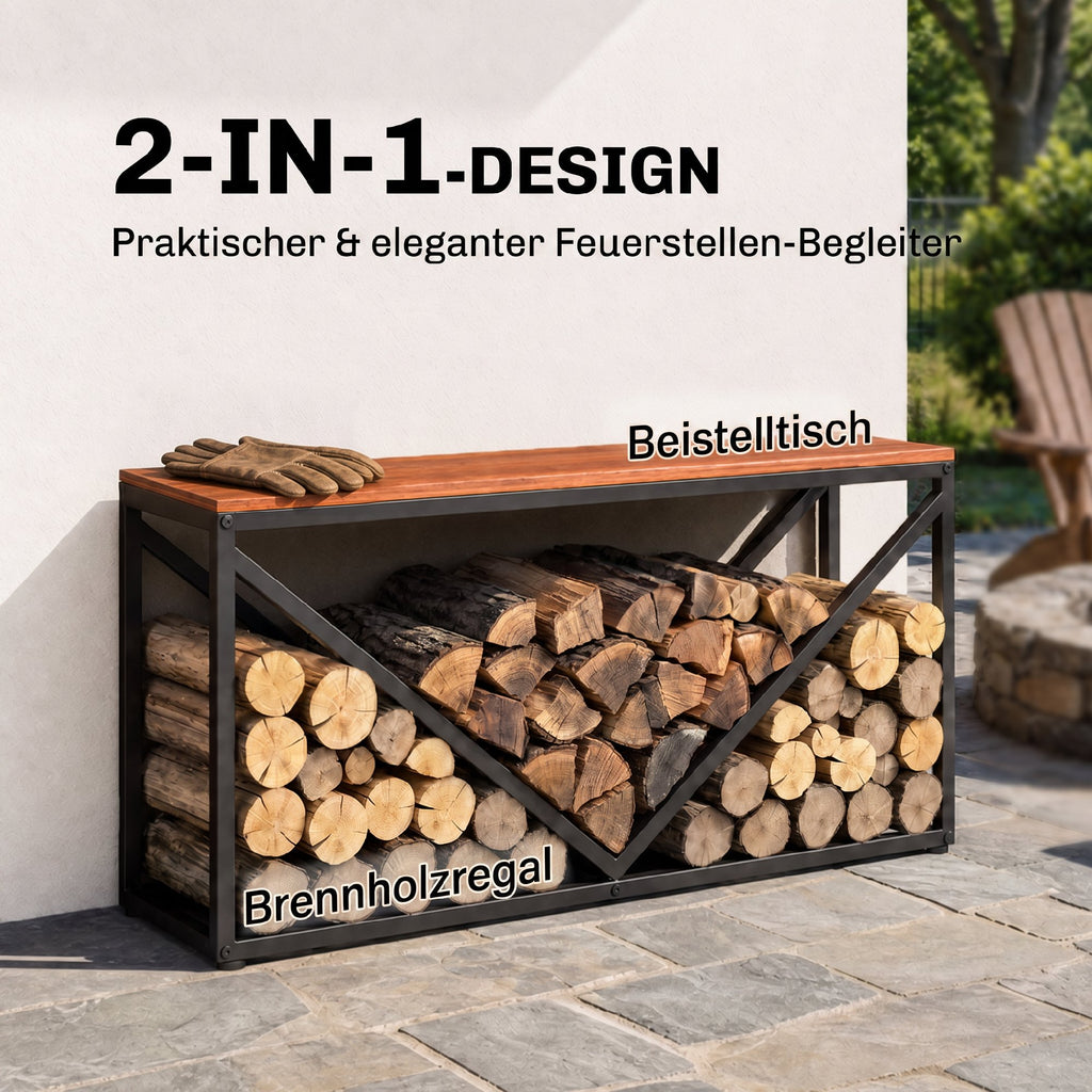 2-in-1 Kaminholzregal für innen 98 x 28 x 50 cm erhöhtes Brennholzregal mit Ablage Trennwand Beistelltisch