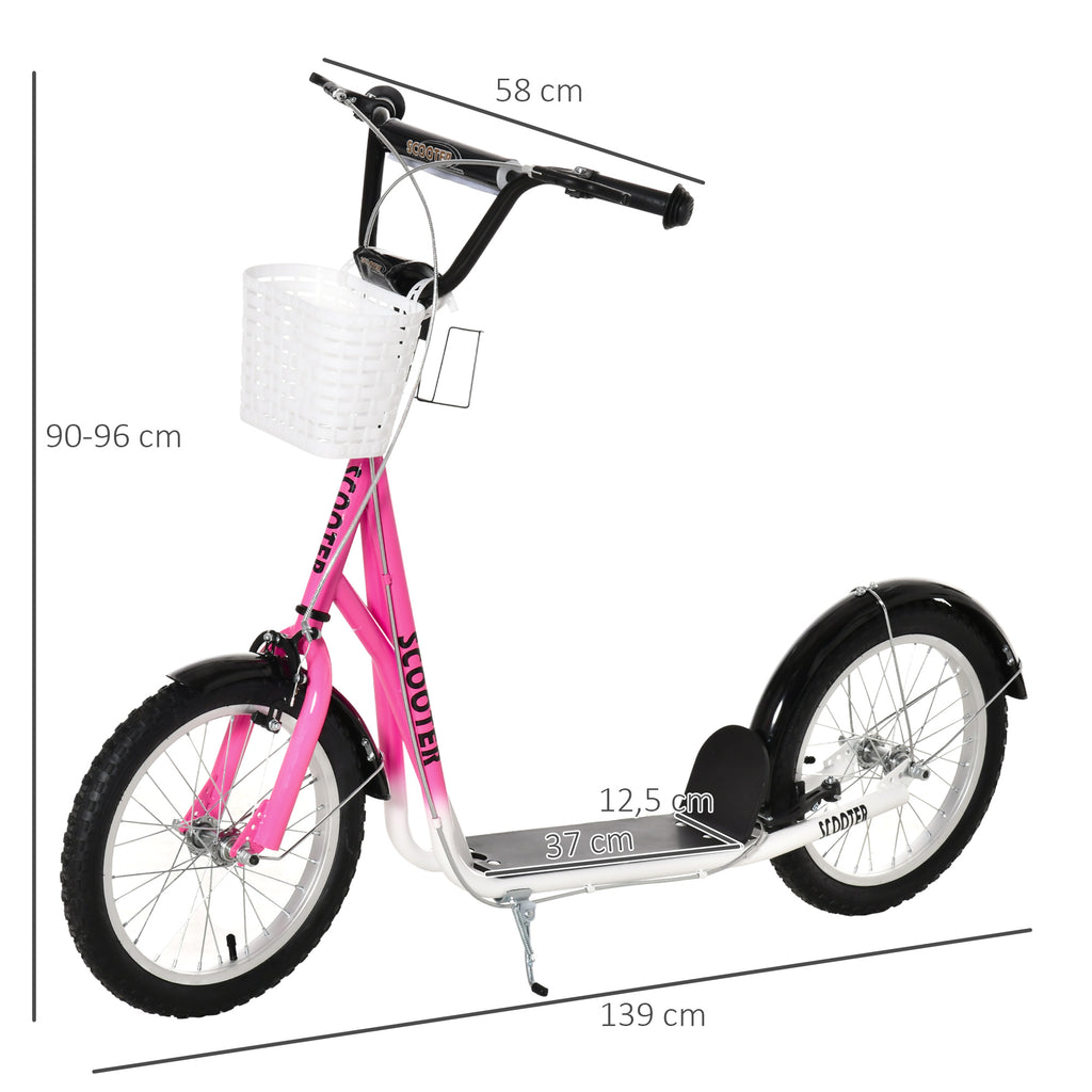 Kinderroller Tretroller mit Bremse, inkl. Korb, höhenverstellbar, für Kinder von 5 bis 12 Jahren, Weiß + Pink