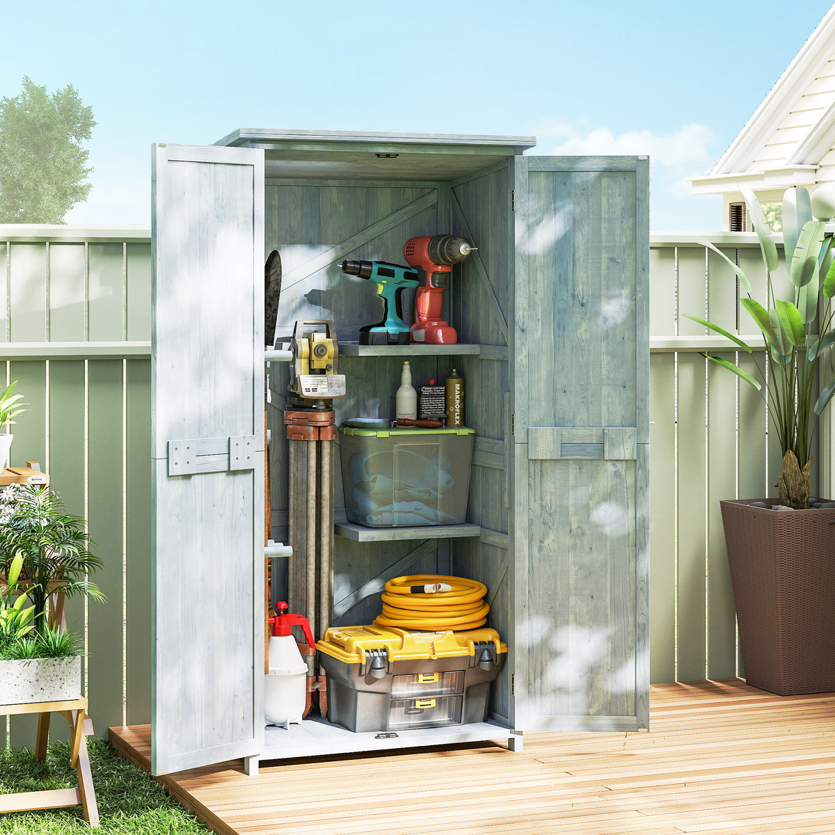 Gartenschrank Holz wetterfest Geräteschuppen mit Doppeltür Magnetverschluss für Garten Terrrasse 85 x 54 x 170 cm Grau