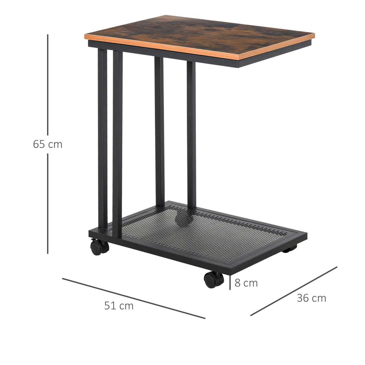  C Shaped Side Table with Wheels, Mobile End Table, Laptop Stand with Metal Frame and Storage Shelf, Rustic Brown