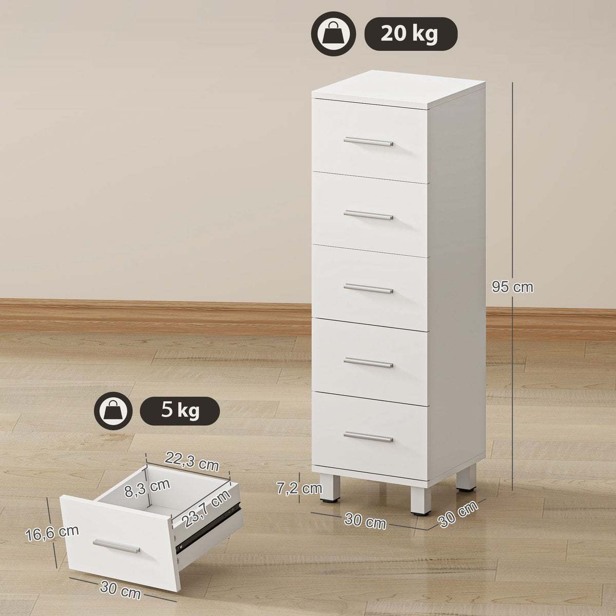 Badezimmerschrank Schmaler Badschrank mit 5 Schubladen für Badezimmer 30 x 30 x 95 cm Weiß