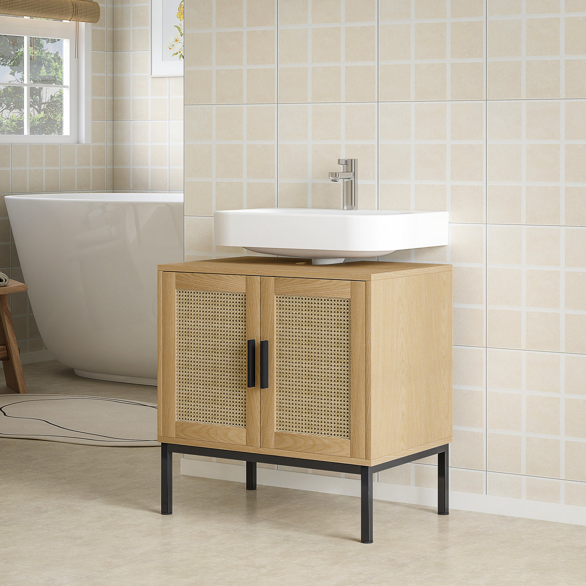Badezimmerunterschrank, im Boho-Design, Badezimmerschrank, Rattan-Elemente, mit U-Ausschnitt, Eiche