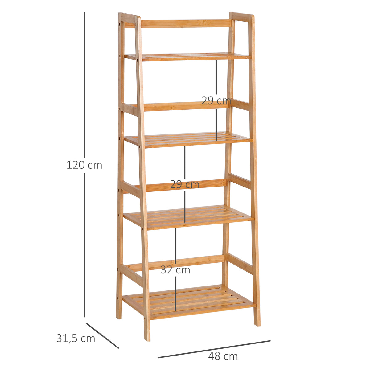  Bamboo Ladder Shelf, 4-Tier Bookshelf, Freestanding Bookcase for Living Room, Study, Bedroom, Home Office, 48 x 31.5 x 120cm, Natural Wood Effect