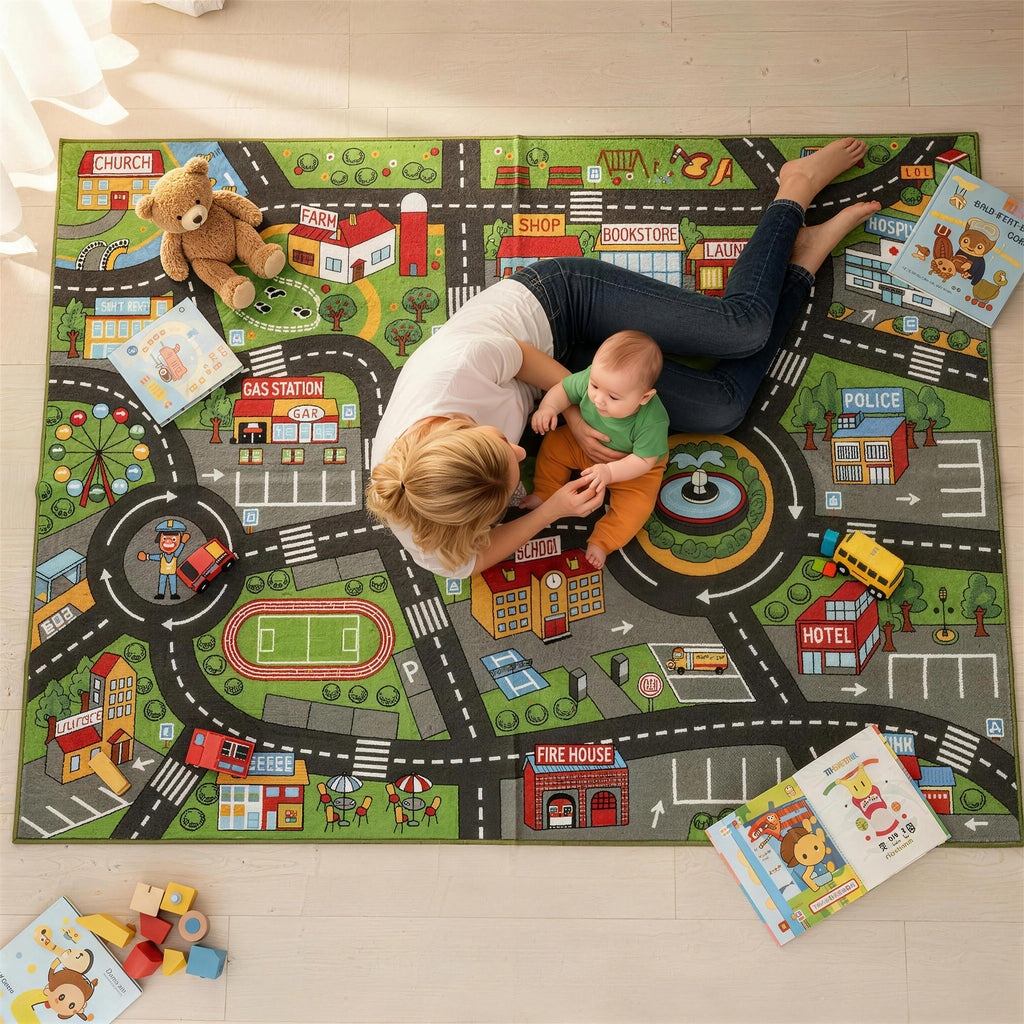 Krabbelmatte Baby, Spielmatte 200x150x0,5cm, Rutschfest Krabbeldecke mit Rutschfester Unterseite Stadtmotiv für Kinderzimmer