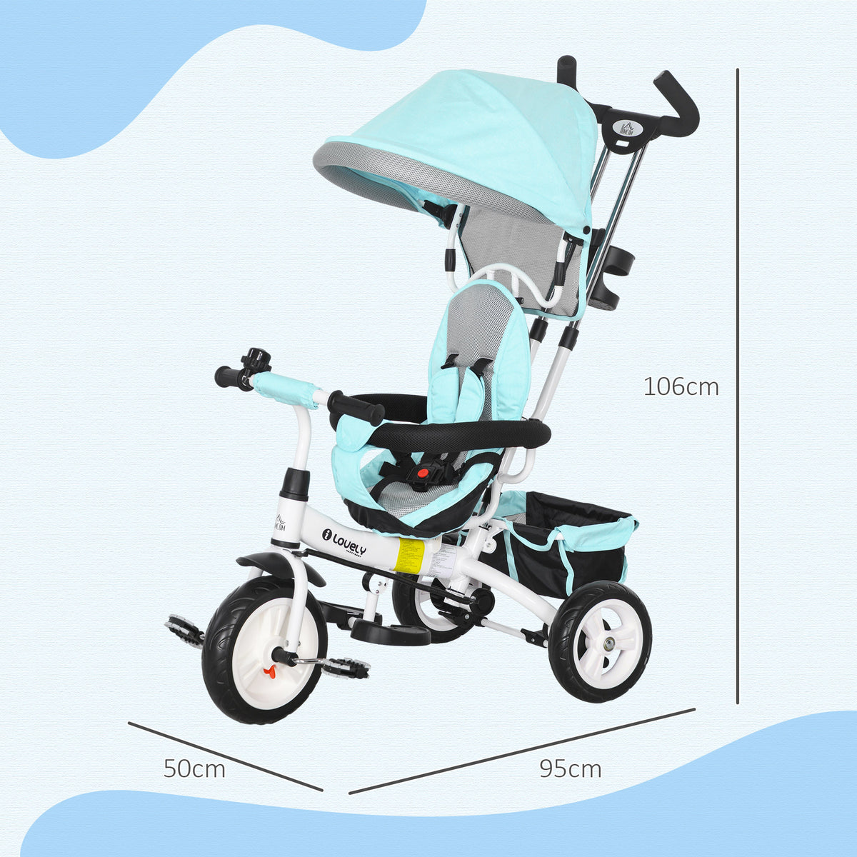6 in 1 Kids Trike Push Bike w/ Push Handle, Canopy, 5-point Seat Belt, Storage, Footrest, Brake, for 1-5 Years, Green
