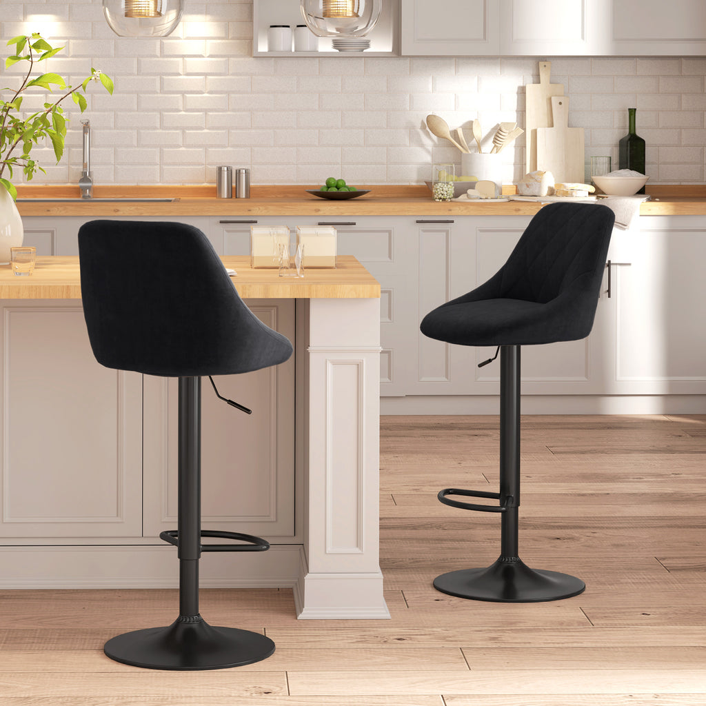 Barhocker 2er Set Höhenverstellbar Drehbar Barstühle mit Samtoptik Tresenhocker mit Rückenlehne mit Diamant-Tufting und Fußstütze für Bar, Theke, Esszimmer, Stahl Schwarz