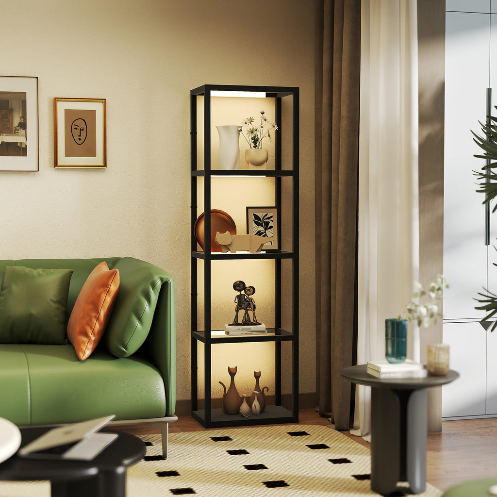 LED-Stehlampe mit 4-stufigem Regal, Leuchtregal mit 4 Glasfächern, Fußschalter, MDF, Schwarz
