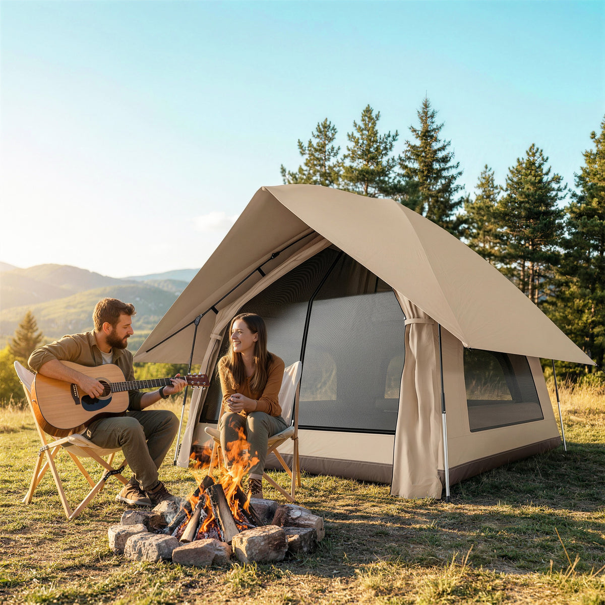 Instant-Pop-Up-Zelt mit Regenschutz wasserdicht Kuppelzelt für 2-3 Personen mit Bodenplane 4 Fenster 235x235x184cm Khaki
