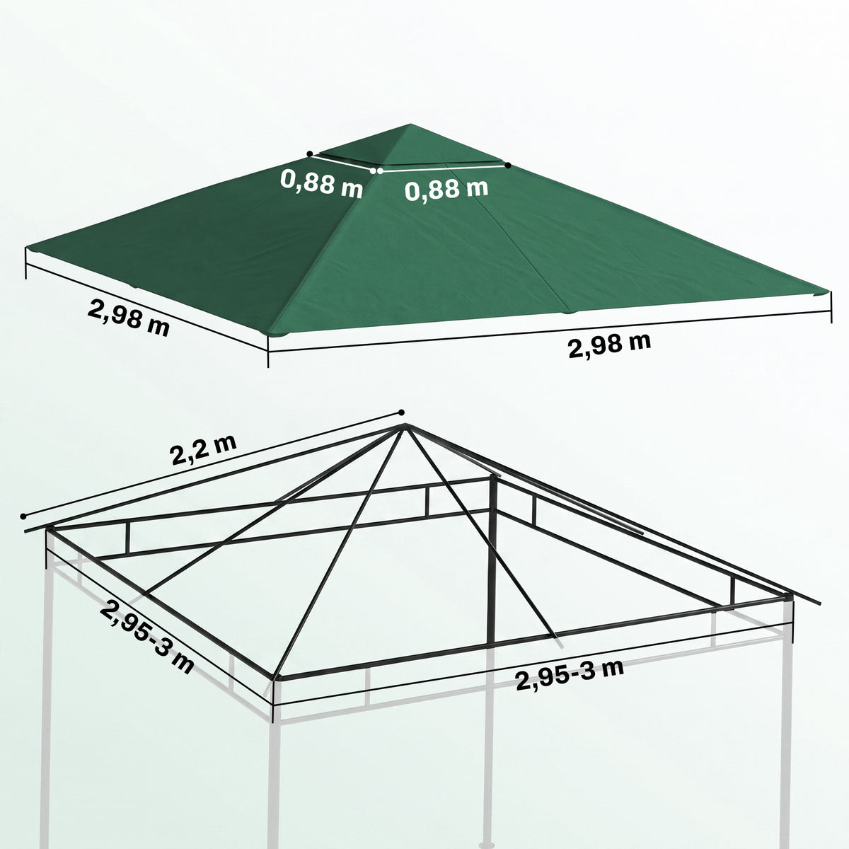 Ersatzdach für Gartenpavillon, 8 Wasserabflusslöcher, einfache Montage, Polyester, grün, 2,98 x 2,98 m