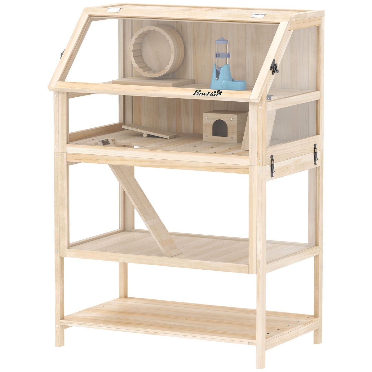 Hamsterkäfig aus Holz 3 Etagen Nagerkäfig mit abnehmbar Boden Ablage Laufrad Wippe Rampe Hütte 80x53x117cm Naturholz