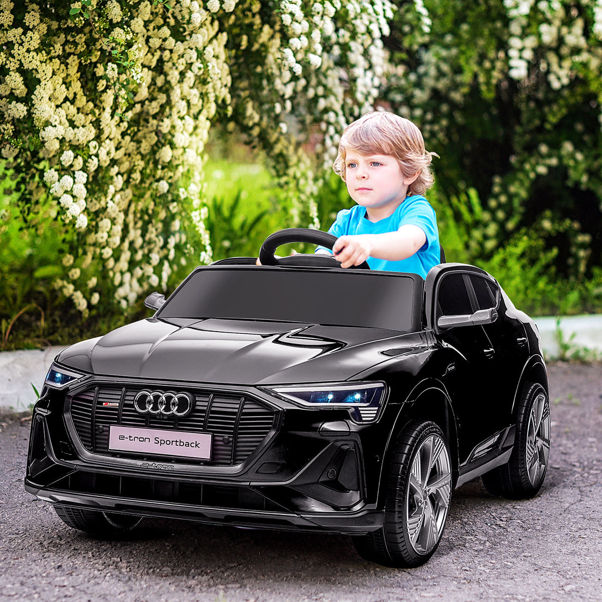 Elektro Kinderauto 12V Audi E-tron Elektrofahrzeug mit Fernbedienung, Sicherheitsgurt und Musikfunktion (MP3/USB/TF), Kinderfahrzeug für 3-5 Jahre, 3-5 km/h, Schwarz