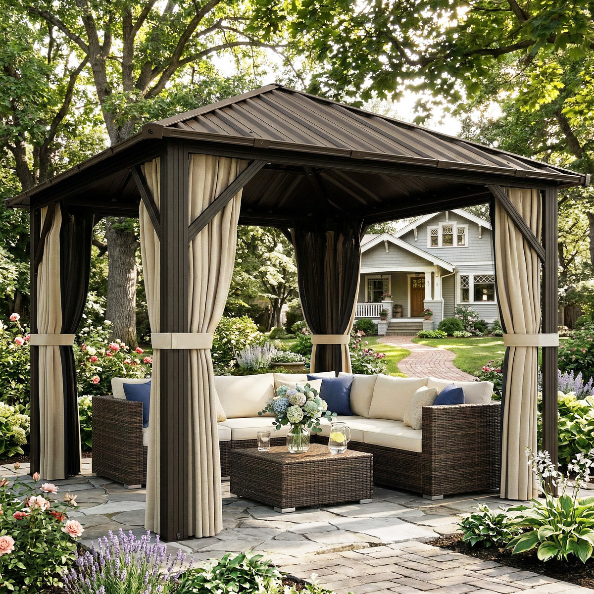 Gartenpavillon ca. 3 x 3 m Aluminium Pavillon mit Stahldach Hardtop Moskitonetz 4 Seitenteile, UPF50+