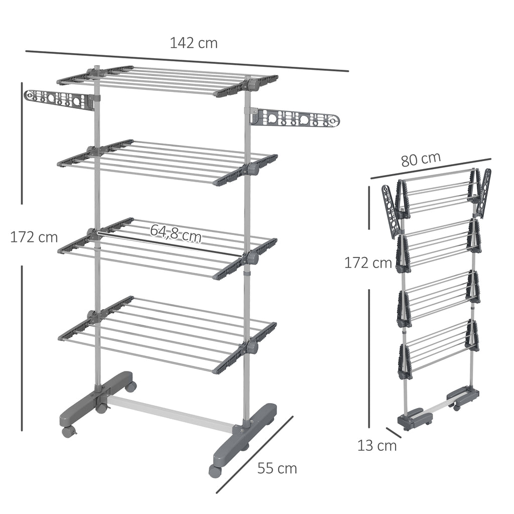 Four-Shelf Collapsing Clothes Horse, With Side Arms and Wheels - Grey
