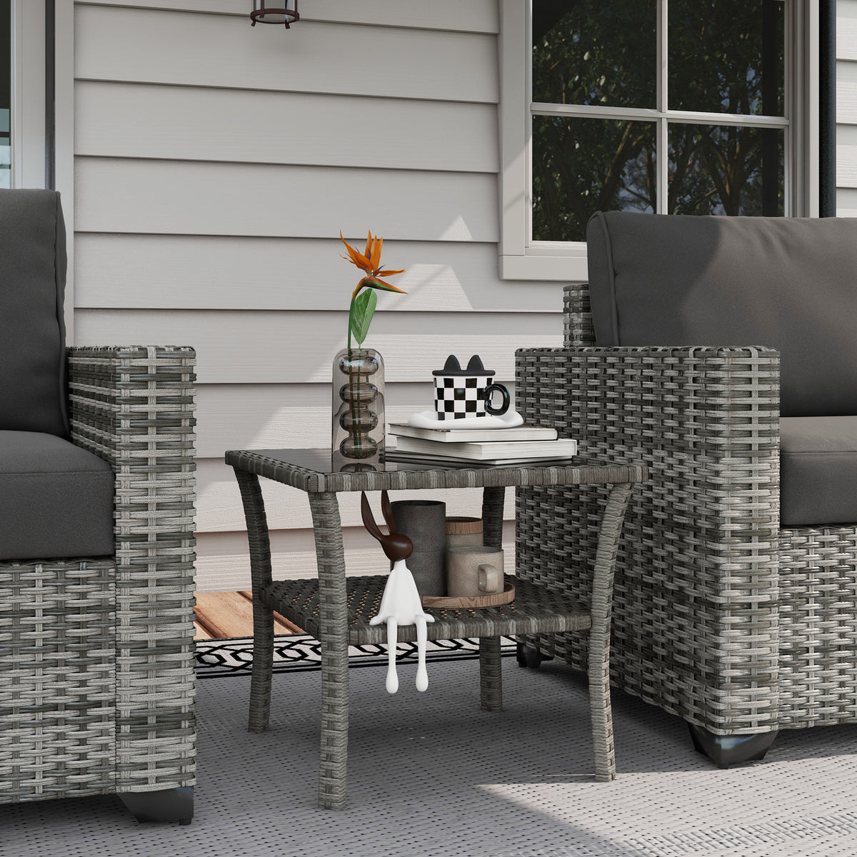 Two-tier PE Rattan Square Coffee Table - Grey