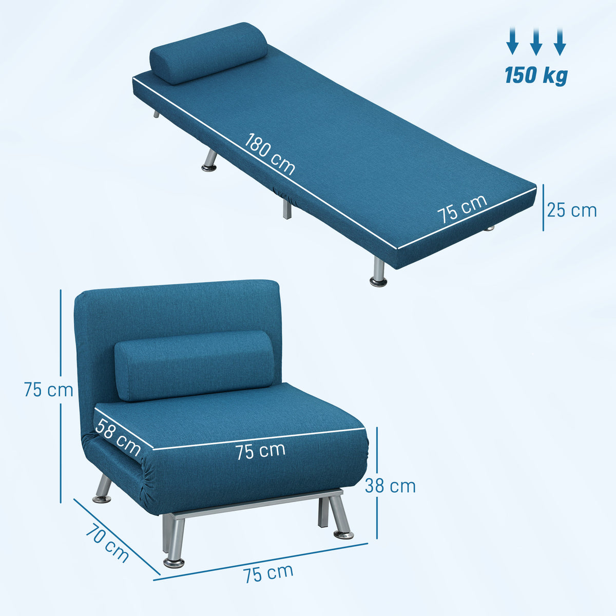 Klappsessel mit Bettfunktion, klappbarer Relaxsessel in Leinenoptik, Verstellbare R¨¹ckenlehne, 75 x 70 x 75 cm, Blau