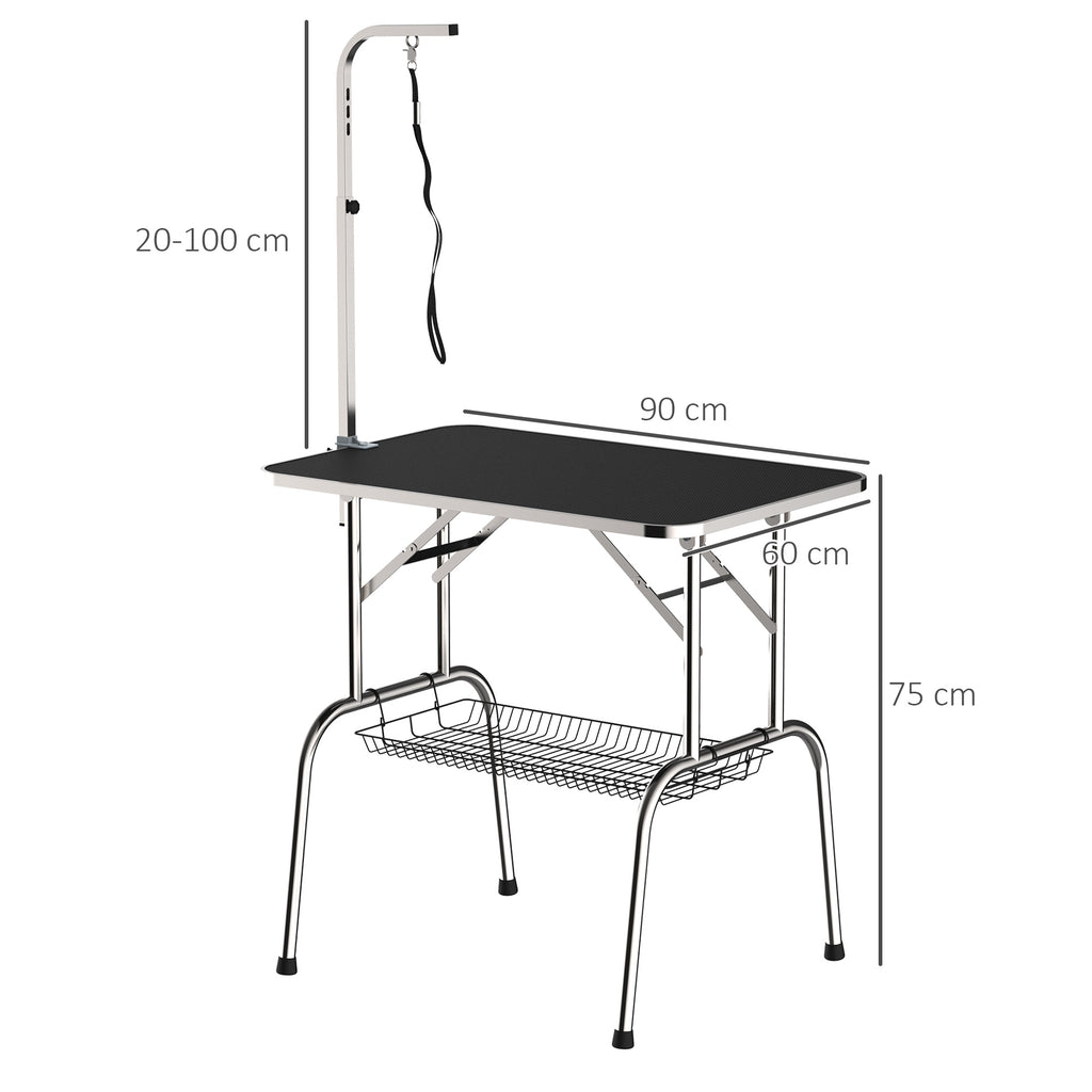 Trimmtisch für Hunde Hundepflegetisch klappbar, Haustierpflegetisch mit höhenverstellbarem Galgen, Schlingen, Netzkorb, Schertisch bis 150 kg, 90 x 60 x 75 cm, Schwarz