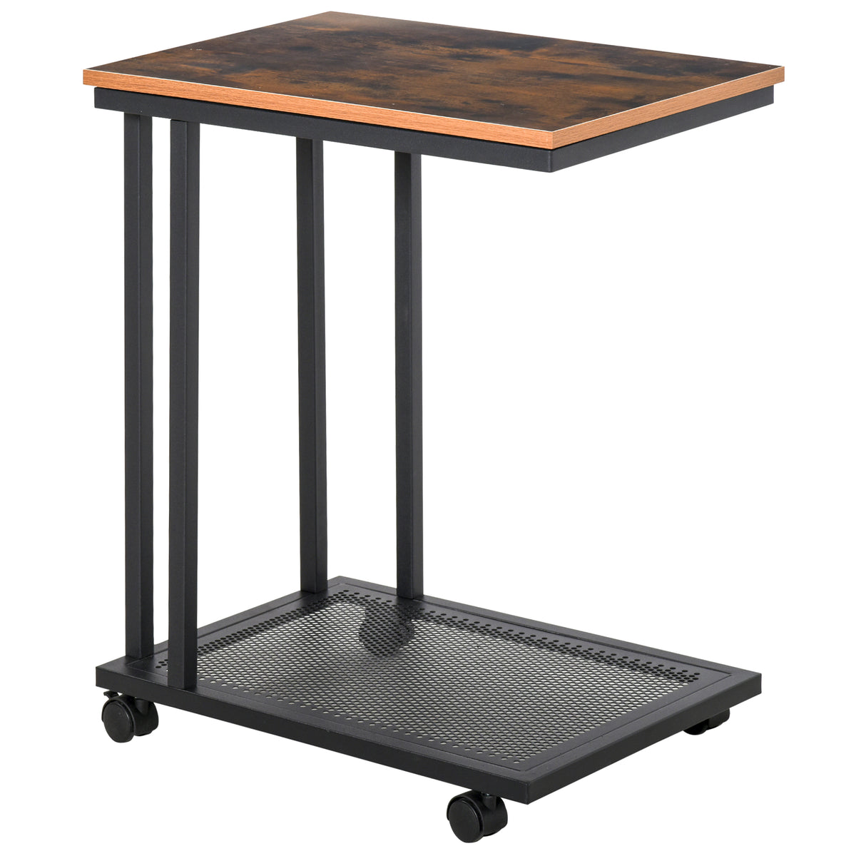  C Shaped Side Table with Wheels, Mobile End Table, Laptop Stand with Metal Frame and Storage Shelf, Rustic Brown