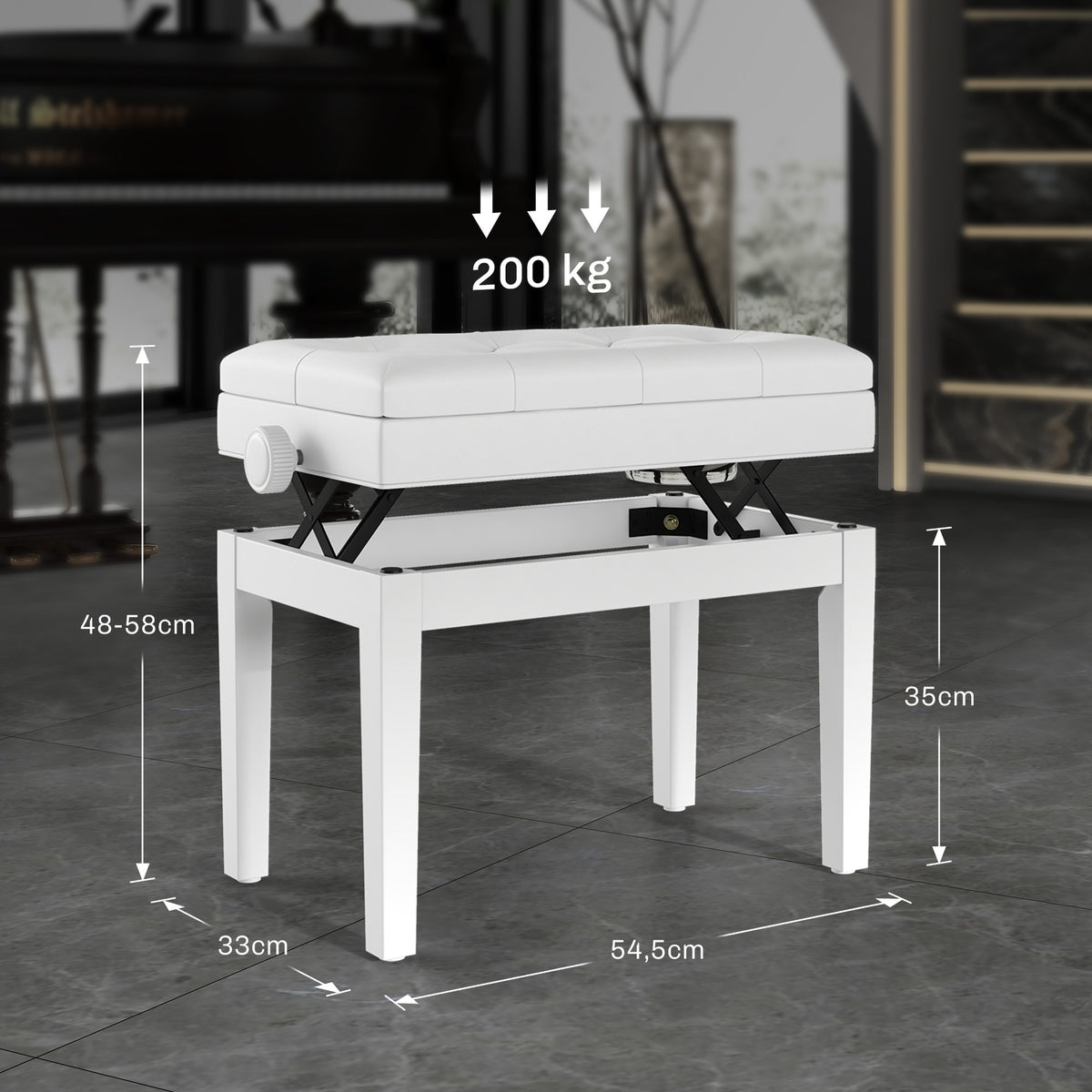 Klavierbank Höhenverstellbar mit Stauraum 54,5x33x48-58cm Weiß