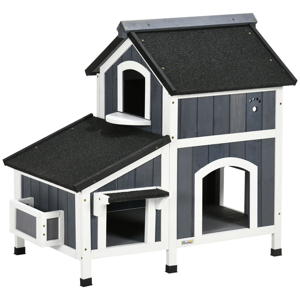 Wooden Cat House with Flower Pot, Windows, Multiple Entrances, Water-Resistant Roof for Outdoor - Grey