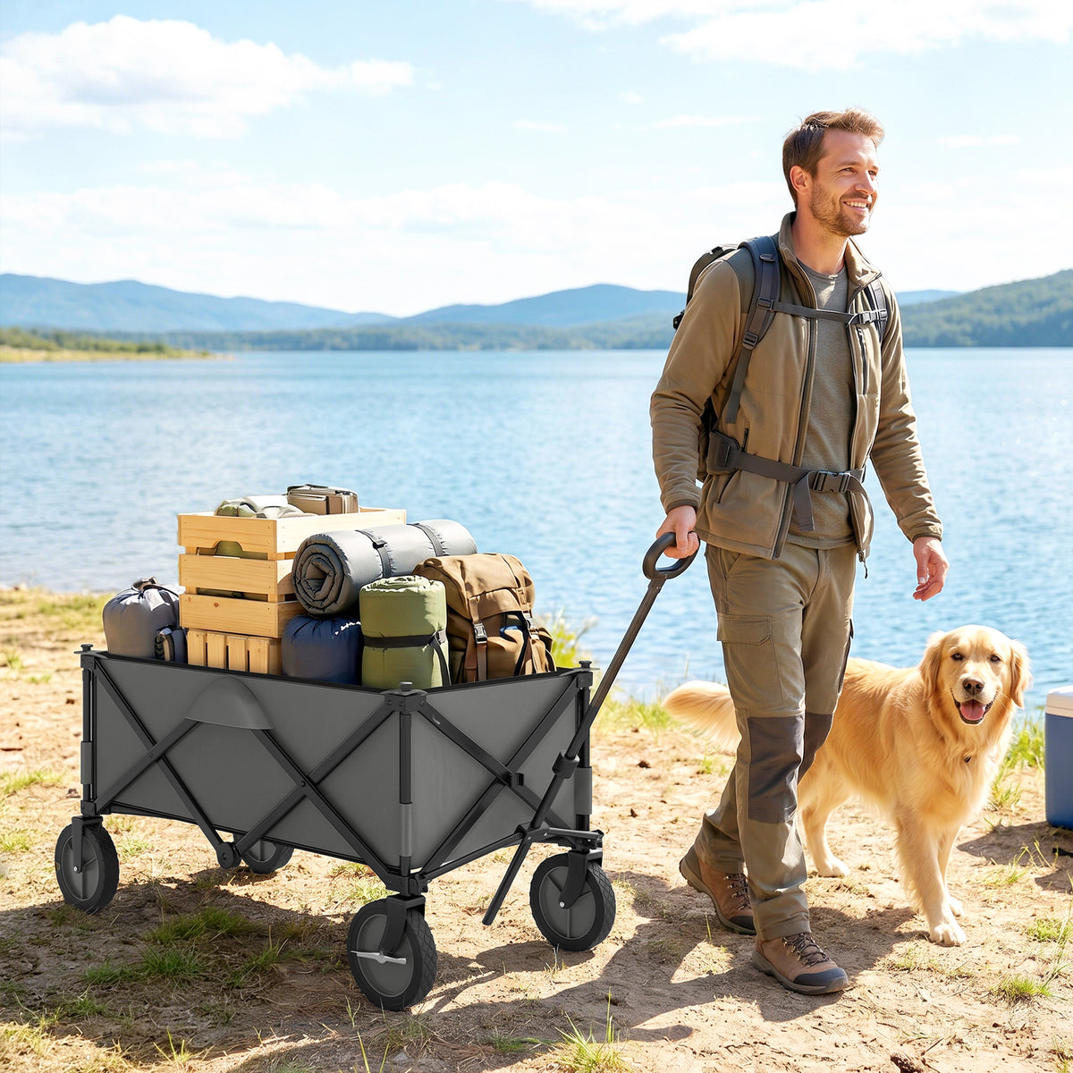 Garden Trolley, Cargo Traile on Wheels, Folding Collapsible Camping Trolley, Outdoor Utility Wagon, Dark Grey