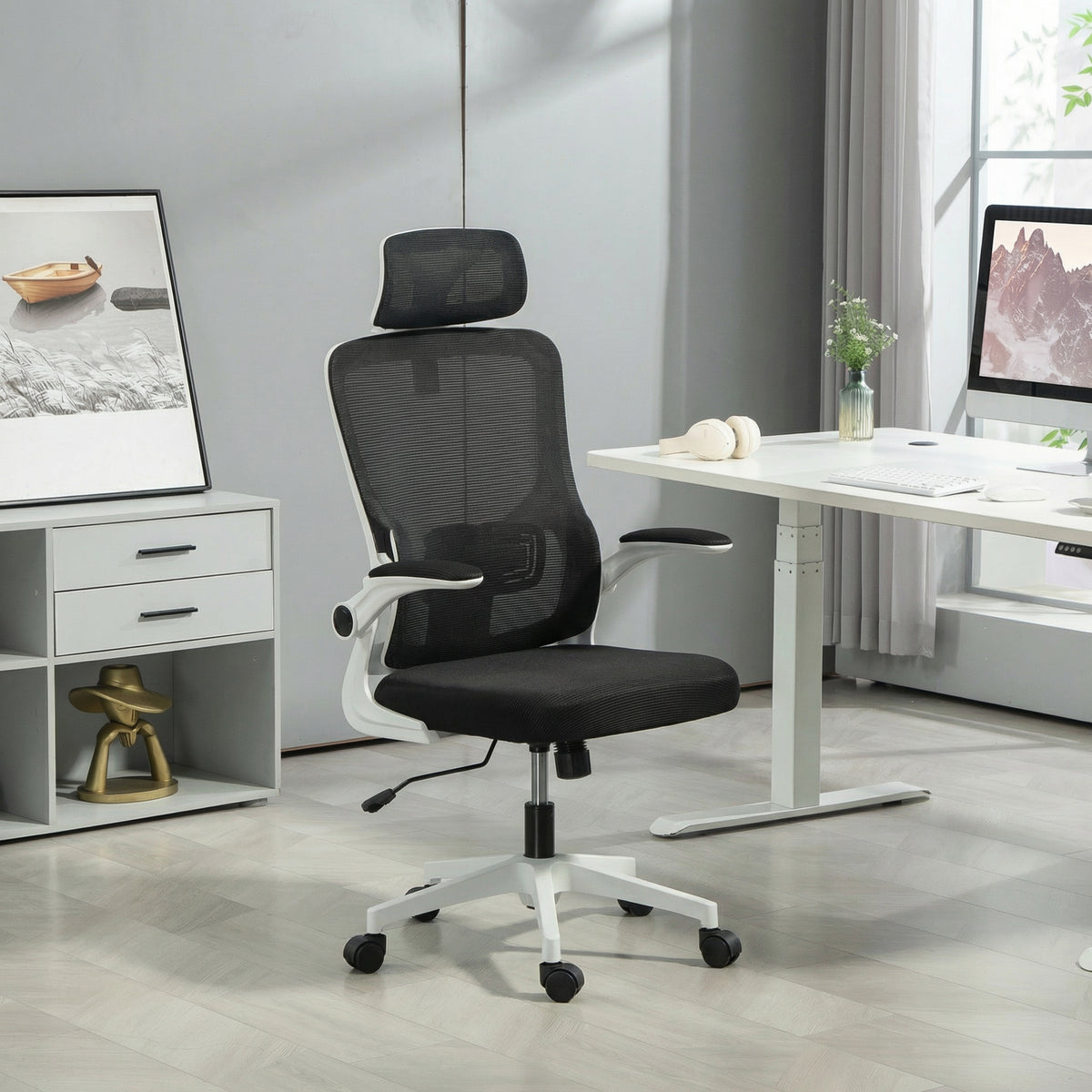 Bürostuhl, höhenverstellbar, verstellbare Kopfstütze, bis 120 kg, 60x59x114-122 cm, Schwarz