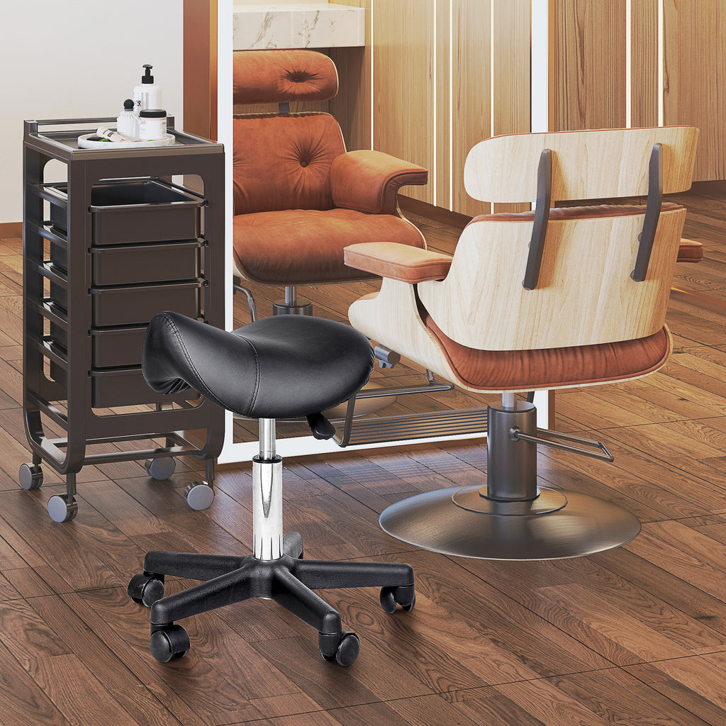 Saddle Stool, PU Leather Adjustable Rolling Salon Chair with Steel Frame for Massage, Spa, Beauty and Tattoo, Black